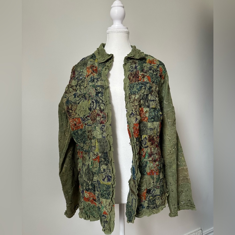 PARSLEY & SAGE Green Patchwork Lace Rainbow Lagenlook Arsty Button Down Size XL - Picture 2 of 9